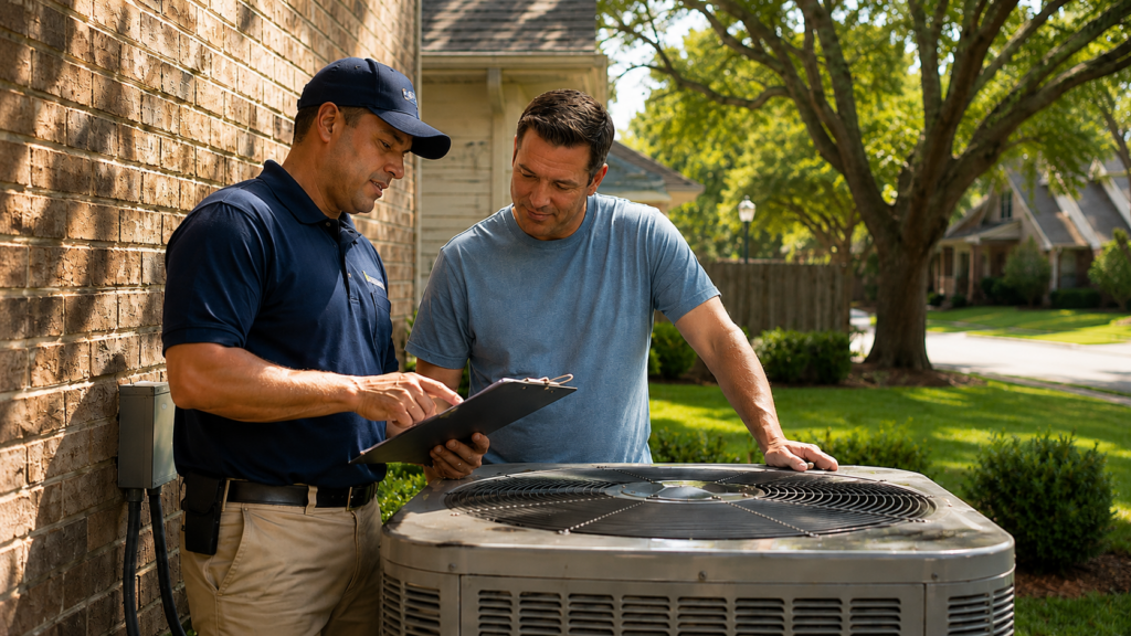 A Spring Branch AC technician in uniform inspects an outdoor residential air conditioning condenser at a Houston home, representing a licensed HVAC contractor who diagnoses equipment before recommending repairs or replacement. The image supports the blog’s guidance on choosing a trustworthy HVAC company by verifying licensing, technician certifications, insurance, written estimates, load calculations, permits, and repair-first service instead of high-pressure sales tactics.