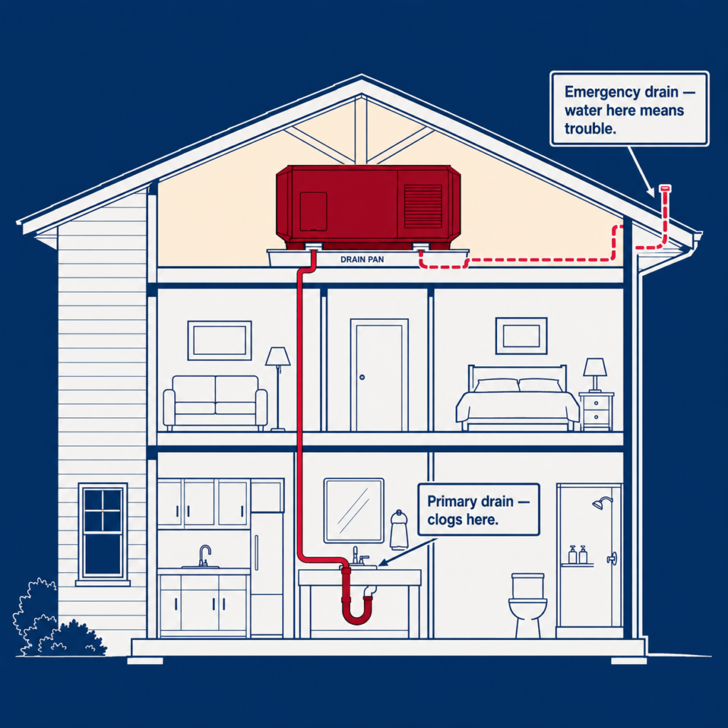 Cross-section diagram showing AC drain line path from attic unit to bathroom sink and emergency drain above eaves