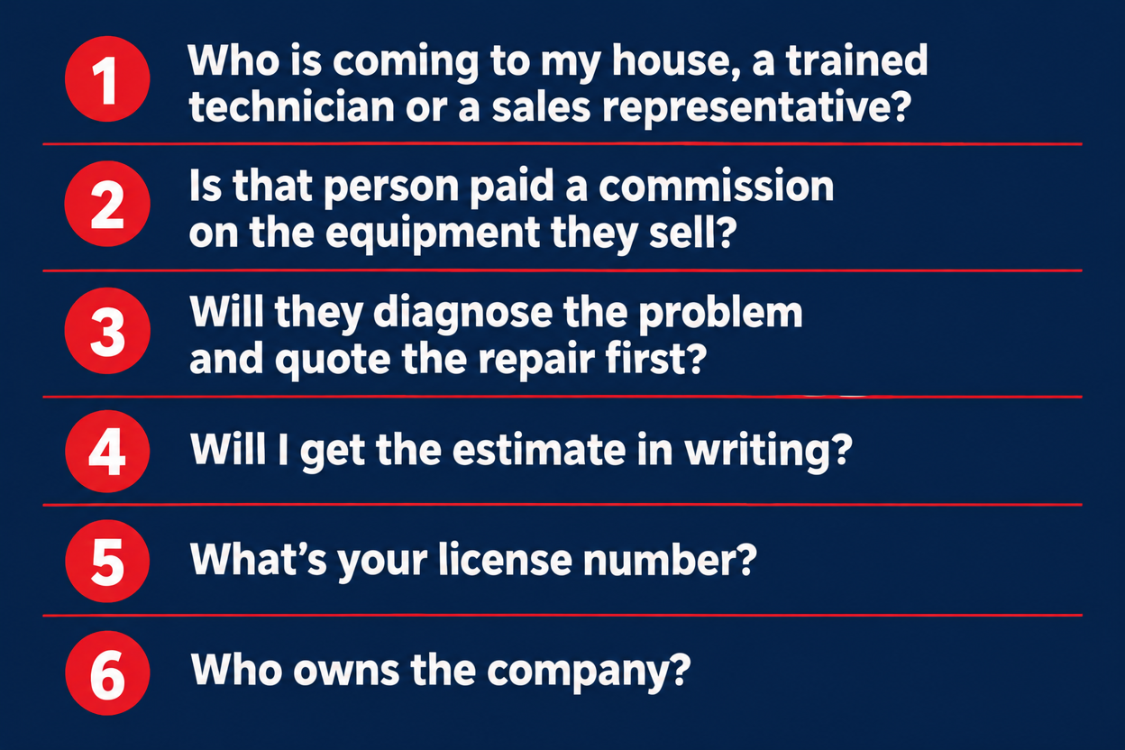 Checklist of six questions to ask an AC or plumbing company on the phone before booking a repair.