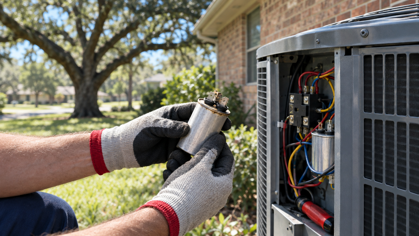 Technician's gloved hands hold a failed capacitor beside an open outdoor AC unit at a Houston home.