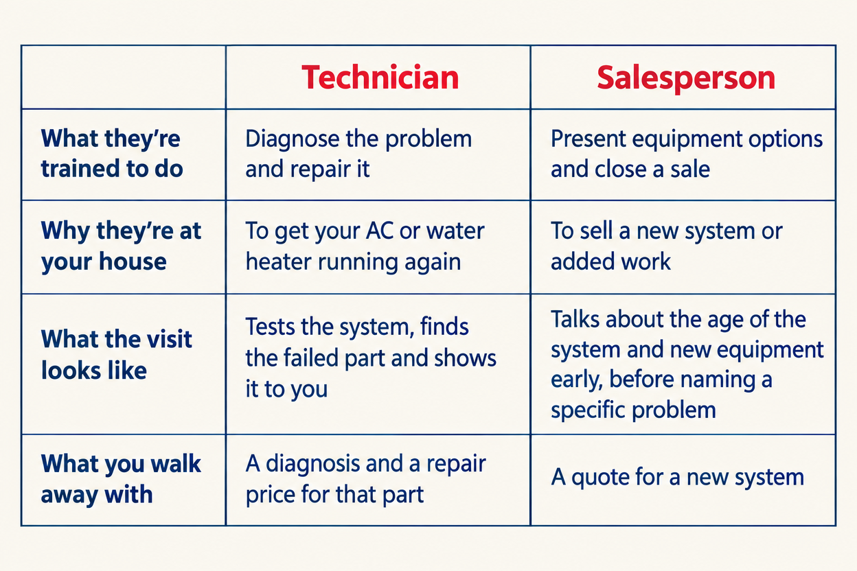 Comparison table of what a technician and a salesperson do on an HVAC visit: purpose, visit, and what you get.
