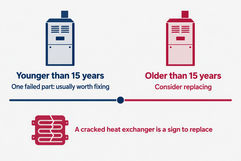 Timeline at 15 years: younger furnace with one failed part gets repaired, older than 15 considered for replacement