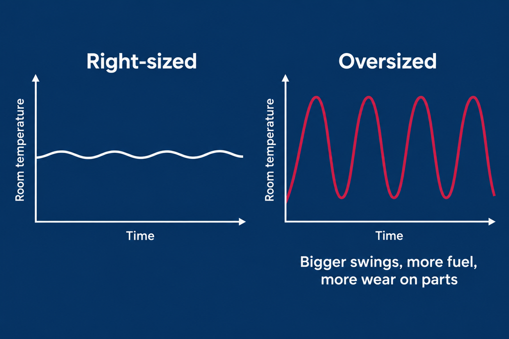 Two line charts of room temperature over time: steady for a right-sized furnace, large swings for an oversized one