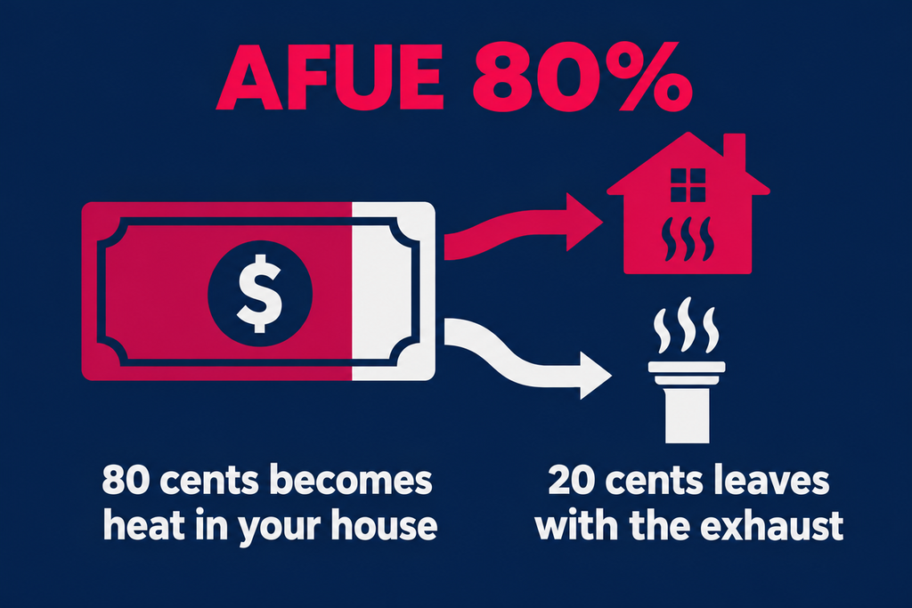 One gas dollar split into 80 cents that heats the house and 20 cents that leaves with the exhaust