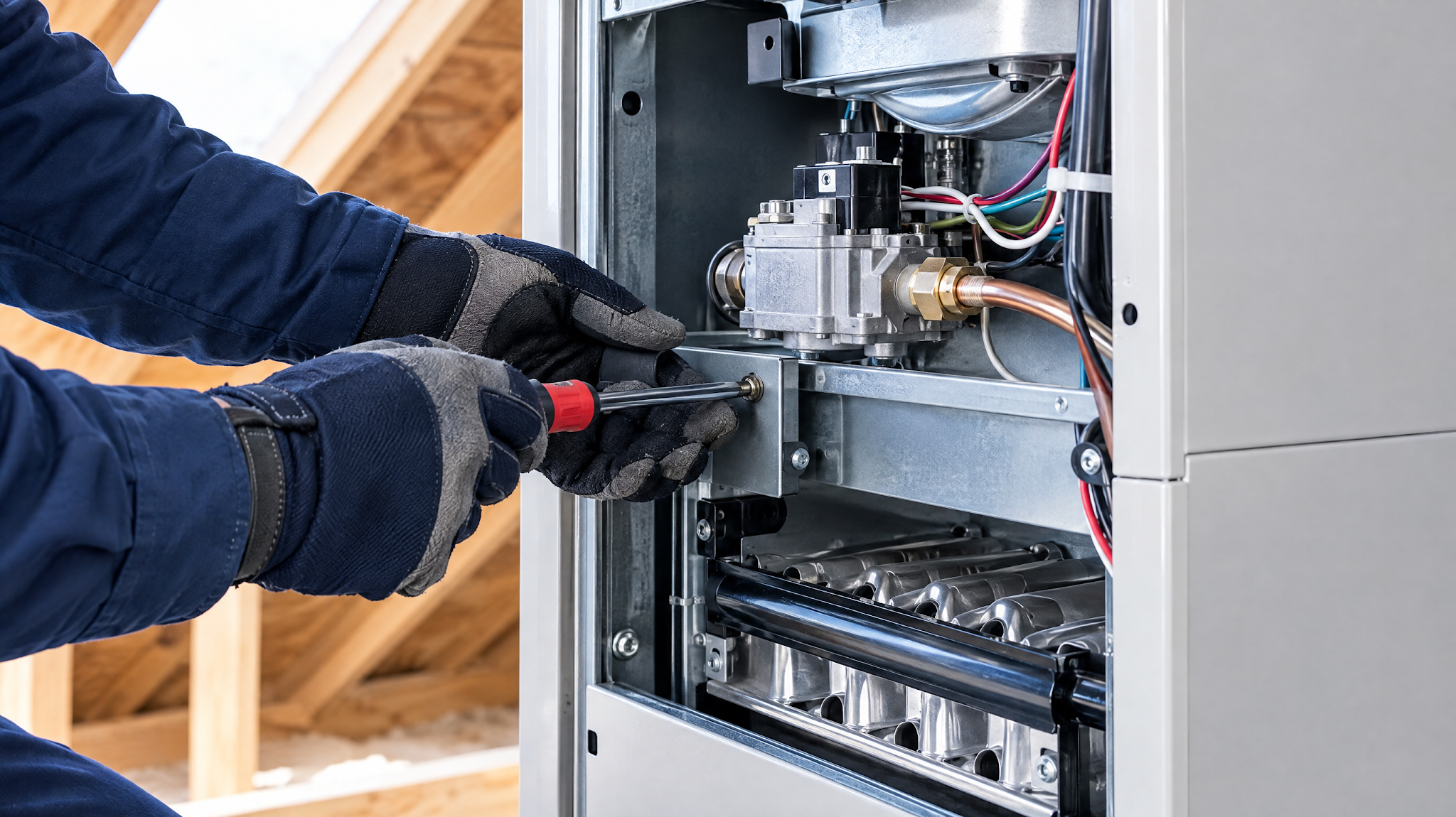 Technician's gloved hands adjusting a gas furnace with a red-handled tool inside a Houston attic